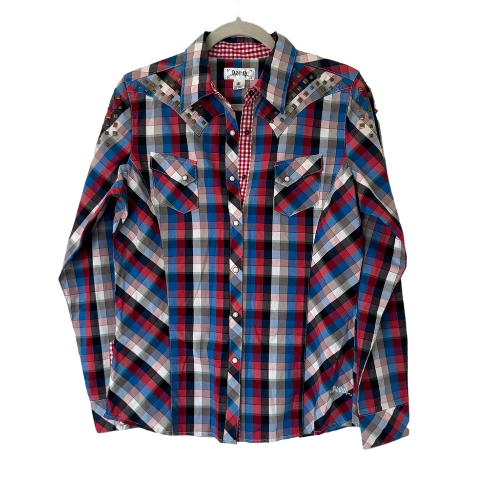 Adiktd Women’s Rodeo 4th of‎ July Red Blue Pearl Snap Studded Top Size Medium